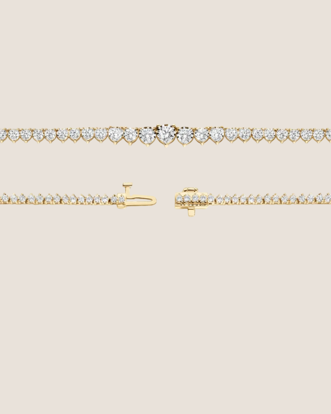 A yellow gold tennis necklace with a row of clear round-cut stones, shown in two close-up views against a white background.